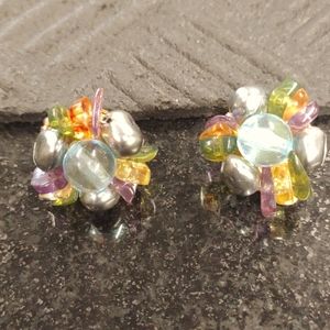 Vintage Glass Bead Faux Freshwater Pearl & SP Gemstone Colored Clip Earrings